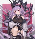  1girl :o aota_(tokidoki_cc) arknights asymmetrical_legwear bare_shoulders black_hairband black_shirt black_shorts black_socks black_thighhighs breasts commentary_request hair_between_eyes hairband head_tilt horns jacket long_hair long_sleeves looking_at_viewer medium_breasts off_shoulder open_clothes open_jacket parted_lips puffy_long_sleeves puffy_sleeves purple_eyes purple_hair shirt shorts signature single_sock single_thighhigh sitting sleeveless sleeveless_shirt sleeves_past_wrists socks solo thighhighs typhon_(arknights) very_long_hair white_jacket 