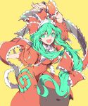  1girl absurdres arm_ribbon bow breasts cleavage frilled_bow frilled_ribbon frills front_ponytail green_eyes green_hair hair_bow hair_ribbon highres ichizen_(o_tori) kagiyama_hina open_mouth puffy_short_sleeves puffy_sleeves red_bow red_ribbon ribbon short_sleeves smile solo touhou yellow_background 