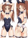  1girl animal_ears armpits arms_up ass black_bow black_bowtie black_leotard blaze_(blazeillust) bow bowtie brown_eyes brown_hair cameltoe closed_eyes commentary_request cowboy_shot detached_collar girls_und_panzer hands_on_own_head highres kadotani_anzu leotard long_hair looking_at_viewer looking_back multiple_views one_eye_closed playboy_bunny rabbit_ears rabbit_tail side-tie_leotard simple_background strapless strapless_leotard tail twisted_torso white_background wrist_cuffs 