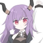  1girl :&lt; arknights arm_up black_hairband black_horns black_shirt blush cleavage_cutout closed_mouth clothing_cutout fake_horns fist_pump hairband highres horns jacket long_hair looking_at_viewer mizutsune_suki off_shoulder open_clothes open_jacket pink_eyes purple_hair shirt sidelocks simple_background sleeveless sleeveless_shirt solo straight_hair typhon_(arknights) white_background white_jacket 