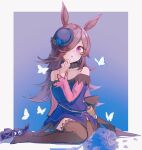  1girl absurdres animal_ears bare_shoulders blue_flower blue_rose bow brown_hair bug butterfly dress flower hair_over_one_eye hat hat_flower highres horse_ears horse_girl horse_tail long_hair long_sleeves looking_at_viewer oshinokowa_rice purple_eyes rice_shower_(umamusume) rose sitting solo tail tilted_headwear umamusume 