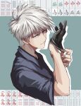  1boy absurdres adjusting_clothes adjusting_gloves akagi:_yami_ni_oritatta_tensai akagi_shigeru black_gloves closed_mouth collared_shirt commentary_request cropped_torso fugusashi_(fgss2089) fukumoto_mahjong gloves grey_hair grey_shirt hair_between_eyes highres looking_at_viewer mahjong mahjong_tile male_focus medium_bangs red_eyes shirt short_hair short_sleeves single_glove smile solo upper_body 