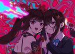  1other 2girls :d backless_dress backless_outfit bare_shoulders bow brown_hair closed_mouth dress dual_persona firing from_side glasses gun hair_bow holding holding_gun holding_hands holding_weapon honkai:_star_rail honkai_(series) long_hair looking_at_another looking_at_viewer multiple_girls murder open_mouth pink_eyes pone_2888 red_bow red_dress sidelocks smile snubnosed_revolver sparkle_(honkai:_star_rail) straight_hair twintails upper_body weapon 