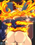  1boy absurdres artist_name arts_of_hasarath ass bara boku_no_hero_academia endeavor_(boku_no_hero_academia) fiery_beard fiery_clothing fingerless_gloves fire gloves highres huge_ass logo looking_at_viewer looking_back male_focus manly mask mature_male muscular muscular_male no_pants red_hair short_hair simple_background spandex suit tight_clothes twitter_username 