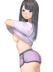  1girl ass black_hair blue_eyes blush breasts closed_mouth clothes_lift from_side highres large_breasts long_hair looking_at_viewer nipples original purple_shirt purple_shorts shirt shirt_lift short_sleeves shorts solo sweat urasuji_samurai 