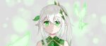 1girl absurdres bare_shoulders braid commentary_request genshin_impact green_eyes green_hair grey_background grey_hair hair_between_eyes highres kuronagi_(mitora_uwu) long_hair looking_at_viewer multicolored_hair nahida_(genshin_impact) parted_lips pointy_ears side_ponytail simple_background solo two-tone_hair upper_body 