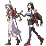  2girls aerith_gainsborough backpack bag bangle bare_shoulders black_gloves black_hair black_skirt boots bracelet breasts brown_footwear brown_hair closed_eyes commentary_request crop_top cropped_jacket decoponmagi dress elbow_gloves final_fantasy final_fantasy_vii final_fantasy_vii_rebirth final_fantasy_vii_remake fingerless_gloves from_side full_body gloves hair_ribbon highres jacket jewelry large_breasts long_hair low-tied_long_hair midriff multiple_girls navel open_clothes open_jacket open_mouth parted_bangs pink_dress pink_ribbon red_footwear red_jacket ribbon skirt small_breasts staff suspender_skirt suspenders swept_bangs tank_top tifa_lockhart walking white_background white_tank_top yellow_gloves 