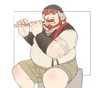  1boy animal_ears bara beanie beard belly closed_eyes cow_boy cow_ears cow_horns facial_hair fat fat_man feet_out_of_frame full_beard hat horns male_focus mature_male odmk_(jinnta4014) original playing_flute short_hair short_shorts shorts sitting solo sparse_arm_hair thick_beard thick_eyebrows thick_mustache 