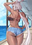  1girl absurdres ass back bare_shoulders bikini blue_eyes body_markings breasts caenis_(fate) dark-skinned_female dark_skin fate/grand_order fate_(series) highres large_breasts long_hair massive_kagawa muscular muscular_female ponytail solo swimsuit thighs white_hair 