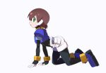  1girl aile_(mega_man_zx) all_fours black_bodysuit blue_footwear blue_jacket bodysuit bodysuit_under_clothes brown_hair commentary_request cropped_jacket from_side full_body green_eyes jacket kaidou_zx mega_man_(series) mega_man_zx robot_ears short_hair shorts simple_background white_background white_shorts 