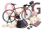  1girl ass bare_arms bare_shoulders barefoot bicycle bike_shorts black_shorts closed_mouth doughnut eating feet food from_behind full_body gloves hair_ornament hairpin highres holding holding_food koeru_otoge-san looking_at_viewer looking_back lying neyuki_rei on_stomach otouge_azuki pillow pink_hair semi-rimless_eyewear short_hair shorts solo sports_bra stats under-rim_eyewear unworn_gloves 