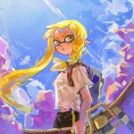  1girl asymmetrical_hair bike_shorts black_shorts blonde_hair bow_(weapon) braid chinese_commentary closed_mouth eyebrow_cut film_grain holding holding_bow_(weapon) holding_weapon inkling inkling_girl inkling_player_character long_hair pointy_ears shirt short_sleeves shorts single_vertical_stripe solo splatoon_(series) suction_cups tentacle_hair thenintlichen96 torn_clothes torn_shirt tri-stringer_(splatoon) very_long_hair weapon white_shirt yellow_eyes 