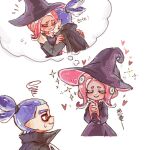  1boy 1girl agent_3_(splatoon) agent_8_(splatoon) black_cape black_dress black_headwear blue_hair breasts bright_pupils cape chinese_text cleavage closed_eyes closed_mouth commentary dress hat heart imagining inkling inkling_boy inkling_player_character medium_breasts octoling octoling_girl octoling_player_character orange_eyes own_hands_clasped own_hands_together pink_hair pointy_ears ponytail simple_background smile sparkle splatoon_(series) squiggle suction_cups symbol-only_commentary tentacle_hair thenintlichen96 thought_bubble white_background witch_hat 