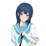  1girl blue_hair blue_neckerchief blush closed_mouth hibike!_euphonium highres holding holding_leash kitauji_high_school_uniform leash long_hair mian_li neckerchief red_eyes school_uniform simple_background solo white_background yoroizuka_mizore 