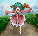  airplane_arms blue_sky blurry blurry_background broom bush cloud cloudy_sky day green_eyes green_hair holding holding_broom kasodani_kyouko mountain open_mouth outstretched_arms path plant running shee_take sky spread_arms touhou 