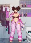  1girl absurdres barefoot bathroom black_bra black_nails bra bracelet breasts brushing_teeth cleavage cosplay han_juri highres jewelry kigurumi large_breasts off_shoulder official_alternate_costume official_alternate_hairstyle panties panty_peek solo spiked_bracelet spikes standing strapless strapless_bra street_fighter street_fighter_6 street_fighter_iv_(series) toilet ttt_(titatuem) underwear unworn_clothes 