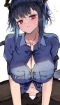  ... 1girl arknights black_pants blue_hair blue_shirt blush breasts ch&#039;en_(after_storm)_(arknights) ch&#039;en_(arknights) cleavage closed_mouth collarbone collared_shirt commentary_request cowboy_shot dragon_girl dragon_horns dragon_tail highres horns kyuu_(plastic_night_q) large_breasts long_hair looking_at_viewer midriff navel official_alternate_costume panties pants partially_unzipped pocket police police_uniform policewoman red_eyes shirt shirt_rolled_up sidelocks simple_background solo sweat tail underwear uniform white_background white_panties zipper 