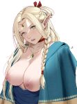  1girl blonde_hair braid breasts bright_pupils choker commentary_request dungeon_meshi elf green_eyes highres jewelry large_breasts long_hair looking_at_viewer marcille_donato muka_tsuku necklace nipples open_mouth pointy_ears red_choker simple_background solo teeth white_background white_pupils 