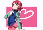  1girl blue_shirt blue_vest brown_hair commentary_request hair_ornament hand_on_own_chest hand_on_own_face heart kaidou_zx mayl_sakurai_(mega_man) mega_man_(series) mega_man_battle_network_(series) pink_background pink_skirt red_hair shirt simple_background skirt solo thighs vest 