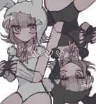  1girl animal_ears animal_hood bare_shoulders black_leotard black_nails brown_hair controller danganronpa_(series) danganronpa_2:_goodbye_despair fake_animal_ears fake_tail grey_leotard highres holding holding_controller hood leotard long_sleeves nail_polish nanami_chiaki neck_ribbon pink_ribbon playboy_bunny rabbit_ears rabbit_hood rabbit_tail ribbon tail triangle_hair_ornament u_donburi 