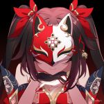  1girl bare_shoulders black_gloves bow brown_hair closed_mouth covered_eyes dress facing_viewer fox_mask gloves gradient_hair hair_bow highres honkai:_star_rail honkai_(series) long_hair mask miaotai_miota multicolored_hair own_hands_together portrait red_bow red_dress red_hair sidelocks single_glove smile solo sparkle_(honkai:_star_rail) straight-on twintails 