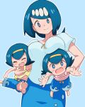  3girls barefoot blue_background blue_eyes blue_hair blue_shorts blue_skirt blush_stickers breasts bright_pupils carrying closed_mouth commentary_request freckles hairband harper_(pokemon) highres lana&#039;s_mother_(pokemon) large_breasts long_hair looking_at_viewer looking_down mature_female mother_and_daughter multiple_girls no_sclera open_mouth outline owlz pokemon pokemon_(anime) pokemon_sm_(anime) sarah_(pokemon) shirt short_sleeves shorts skirt smile soles tank_top teeth toes upper_teeth_only white_pupils yellow_hairband yellow_shirt 