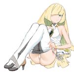  1girl black_footwear blonde_hair churu_(drr2gs) clothes_lift clothes_pull commentary covered_collarbone dress dress_lift full_body gem green_eyes green_gemstone hair_over_one_eye high_heels long_hair lusamine_(pokemon) panties pantyhose pantyhose_pull pokemon pokemon_sm pulled_by_self side-tie_panties simple_background sitting sleeveless sleeveless_dress solo underwear white_background white_dress white_panties white_pantyhose 