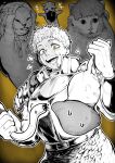  absurdres animal armor cat cat_covering_ears_(meme) chilchuck_tims cuirass drooling dungeon_meshi food happy_happy_happy_cat_(meme) highres holding holding_animal holding_food huh?_cat_(meme) laios_thorden marcille_donato meme monochrome plate_armor senshi_(dungeon_meshi) short_hair simple_background sparkle spot_color sweatdrop yellow_eyes yotsumi_shiro 