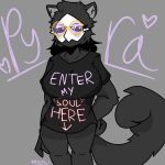 anthro big_breasts black_body black_clothing black_fur black_sclera black_shirt black_topwear blush bottomless breasts canid canine canis clothed clothing digital_media_(artwork) english_text eyebrows eyelashes eyewear female fur glasses grey_background half-closed_eyes hand_on_hip hi_res huge_breasts inner_ear_fluff mammal mouthless narrowed_eyes nexart portrait pupils round_glasses shirt signature simple_background solo standing suggestive_shirt tail text text_on_clothing text_on_shirt text_on_topwear three-quarter_portrait topwear tuft unknown_character white_mask white_pupils wolf yellow_eyewear yellow_glasses
