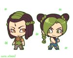  1boy 1girl blue_pants blue_wristband braid brown_eyes brown_hair brown_shirt chibi chibi_only cone_hair_bun double_bun dreadlocks ermes_costello eyelashes facial_mark forehead_mark full_body green_eyes green_hair green_outline hair_bun jojo_no_kimyou_na_bouken kotorai kujo_jolyne multicolored_hair no_nose outline pants shirt simple_background star_(symbol) suspenders white_background 