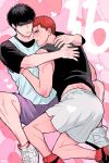  2boys black_hair black_shirt black_tank_top blush character_request feet_out_of_frame gorii highres hug looking_at_viewer male_focus multiple_boys pink_background purple_shorts red_footwear red_hair sakuragi_hanamichi shirt short_hair short_sleeves shorts slam_dunk_(series) sleeveless sweatdrop tank_top teeth white_footwear white_shorts white_tank_top yaoi 