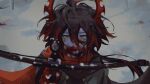  1boy absurdres blood blood_on_face blood_on_ground blood_on_hands brown_hair bullying buttons colored_skin crossbow demon_boy demon_horns double-breasted double-parted_bangs english_commentary funamusea hair_between_eyes highres holding holding_crossbow holding_weapon horns ivlis_(haiiro_teien) looking_at_viewer messy_hair multicolored_hair pointing pointing_at_viewer pov red_eyes red_scarf scarf short_hair snow streaked_hair takobatsu weapon white_skin yellow_eyes 