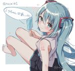  1girl aqua_eyes aqua_hair aqua_nails bare_legs bare_shoulders barefoot black_skirt blush breasts closed_mouth collared_shirt feet food grey_shirt hair_between_eyes hair_ornament hasei_(hasei01) hatsune_miku highres holding holding_food holding_popsicle legs long_hair looking_at_viewer miniskirt nail_polish pleated_skirt popsicle shirt sitting skirt sleeveless sleeveless_shirt small_breasts solo speech_bubble toenail_polish toenails toes twintails twitter_username very_long_hair vocaloid 