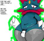 anthro blush bulge claws clothing english_text generation_4_pokemon girly legwear male nintendo panties pokemon pokemon_(species) simple_background slightly_chubby solo text thigh_highs underwear vroorv weavile