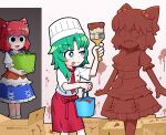  :p alternate_costume asymmetrical_hair blank_eyes blue_eyes blush box brown_sash bucket chef_hat chocolate commentary_request green_hair hair_bobbles hair_ornament hat highres holding holding_brush holding_bucket medium_hair obi obidome onozuka_komachi open_mouth puffy_short_sleeves puffy_sleeves red_hair red_skirt sash sculpture shiki_eiki shirt short_sleeves skirt solidus_(sword_cube) tongue tongue_out touhou translation_request two_side_up white_shirt 