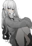  1girl ankle_socks bare_legs blush collared_shirt grey_eyes highres long_hair long_sleeves looking_at_viewer mi_398 monochrome necktie open_mouth original shirt simple_background sitting skirt socks solo spot_color sweater swept_bangs twintails white_background 