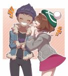  +++ 1boy 1girl blush border brown_hair buttons cardigan closed_eyes dark-skinned_male dark_skin dress fur-trimmed_jacket fur_trim gloria_(pokemon) green_headwear grey_cardigan grin hanamori_mito hat highres hood hood_down hooded_cardigan hop_(pokemon) jacket open_mouth orange_background outside_border pants pokemon pokemon_swsh shirt short_hair smile tam_o&#039;_shanter teeth white_border 