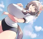  1girl animal_ears arm_under_breasts black_buruma blue_sky breasts brown_hair buruma cloud cowboy_shot ear_covers gentildonna_(umamusume) gym_shirt gym_uniform hair_between_eyes hair_ornament heart heart_hair_ornament highres horse_ears horse_girl horse_tail large_breasts long_hair looking_at_viewer pataneet red_eyes shirt short_hair_with_long_locks sky solo standing t-shirt tail umamusume very_long_hair white_shirt 