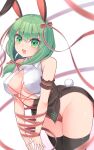  1girl absurdres animal_ears black_thighhighs bound bound_arms bow breasts cleavage cowboy_shot fake_animal_ears fake_tail front_ponytail green_eyes green_hair harunoha highres kagiyama_hina looking_at_viewer open_mouth playboy_bunny red_bow red_ribbon ribbon solo tail thighhighs thighs touhou white_background 