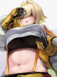  1girl absurdres ahoge blonde_hair blush breasts commentary_request elegg_(nikke) gloves goddess_of_victory:_nikke hair_intakes hair_over_eyes highres large_breasts long_bangs long_sleeves looking_at_viewer multicolored_hair navel o_o_k_i_n_a parted_lips pink_eyes plump puffy_sleeves simple_background solo suspenders sweatdrop two-tone_hair upper_body white_background 