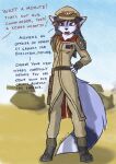 anthro arcticfox7 blue_body blue_eyes blue_fur canid canine cape clothing commissar desert dialogue female fluffy fluffy_tail fox fur hair heresy hi_res imperial_guard leman_russ_tank long_hair looking_at_another looking_at_viewer mammal military_hat military_uniform shoulder_pads solo tail text uniform warhammer_(franchise) warhammer_40000