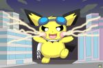 2024 ambiguous_gender artist_logo city electricity eyewear eyewear_on_head feral fur generation_2_pokemon goggles goggles_on_head hi_res logo macro nintendo pichu pichu90 pokemon pokemon_(species) scarf solo sparks_pichu white_scarf yellow_body yellow_fur