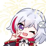  1girl colored_inner_hair fireworks honkai:_star_rail honkai_(series) looking_at_viewer multicolored_hair one_eye_closed open_mouth short_hair simple_background smile solo streaked_hair topaz_(honkai:_star_rail) upper_body white_background white_hair xu_baobao_jintian_tian_kengle_ma 