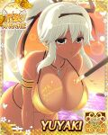  1girl anniversary armband beach bent_over bikini bird black_eyes black_ribbon blush body_writing breasts cleavage dark-skinned_female dark_skin gold_armlet gold_bikini hair_ribbon high_ponytail jewelry large_breasts long_hair necklace ocean official_art open_mouth ponytail ribbon seagull senran_kagura senran_kagura_new_wave sunset surprised swimsuit white_hair yuyaki_(senran_kagura) 