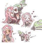  1boy 1girl :d :o ^_^ agent_3_(splatoon) agent_8_(splatoon) breasts bright_pupils chinese_commentary closed_eyes closed_mouth frown green_hair headgear heart hug inkling inkling_boy inkling_player_character long_hair long_sleeves medium_breasts motion_lines octoling octoling_girl octoling_player_character ponytail red_eyes red_hair short_hair simple_background single_bare_shoulder single_sleeve smile splatoon_(series) splatoon_2 splatoon_2:_octo_expansion suction_cups tentacle_hair thenintlichen96 very_long_hair white_background white_pupils yellow_eyes zipper 