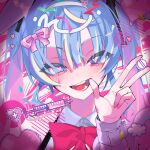  1girl :d animal_ears blue_eyes blue_hair blush bow bowtie close-up collared_shirt commentary fake_animal_ears finger_in_own_mouth gang_h hairband hand_up hatsune_miku heart heart-shaped_pupils highres long_hair looking_at_viewer nail_polish open_mouth pink_nails portrait rabbit_ears rabbit_hole_(vocaloid) red_bow red_bowtie shirt sidelocks smile solo symbol-shaped_pupils syringe teeth twintails vocaloid w white_hairband white_shirt white_wrist_cuffs wrist_cuffs 