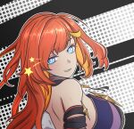  1girl backless_outfit bare_back bare_shoulders blue_eyes breasts bright_pupils commentary grin highres honkai_(series) honkai_impact_3rd jazzer_edwin large_breasts long_hair looking_at_viewer one_side_up orange_hair senadina_(honkai_impact) smile solo star_(symbol) upper_body white_pupils 