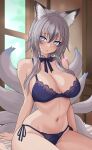  1girl :p absurdres animal_ear_fluff animal_ears bed black_bow black_bowtie blue_bra blue_eyes blue_panties blue_tail blush bow bowtie bra breasts choker day fox_ears fox_girl fox_tail frilled_choker frills gradient_tail grey_hair grey_tail hair_between_eyes highres inari_iroha indoors kitsune kyuubi large_breasts long_hair looking_at_viewer multicolored_hair multiple_tails navel noripro panties side-tie_panties sitting skindentation solo stomach streaked_hair string_panties tail tongue tongue_out underwear virtual_youtuber white_choker window yuichi3216 