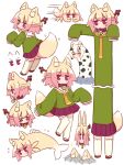  1girl animal animal_ear_fluff animal_ears animalization bell blonde_hair collar commentary_request crab fish fox_ears fox_girl fox_tail garden_eel green_shirt hair_between_eyes hair_bun hair_ornament highres jingle_bell kemomimi-chan_(naga_u) long_sleeves multiple_views naga_u neck_bell original pleated_skirt purple_collar purple_eyes purple_skirt red_footwear ribbon-trimmed_thighhighs ribbon_trim sandals shirt simple_background skirt sleeves_past_fingers sleeves_past_wrists tail thighhighs v-shaped_eyebrows white_background white_thighhighs zouri 