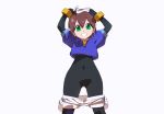  1girl aile_(mega_man_zx) black_bodysuit blue_footwear blue_jacket bodysuit bodysuit_under_clothes brown_hair clothes_pull commentary_request covered_navel cropped_jacket green_eyes hands_on_own_head jacket kaidou_zx mega_man_(series) mega_man_zx open_mouth robot_ears short_hair shorts shorts_pull simple_background smile teeth white_background white_shorts 